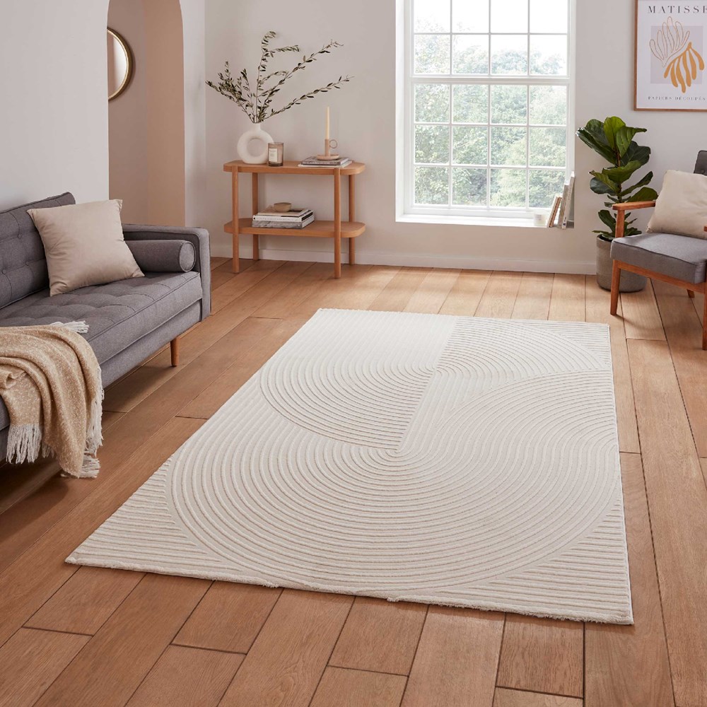 Flores 1924 Spiral Textured Washable Rug in Cream White